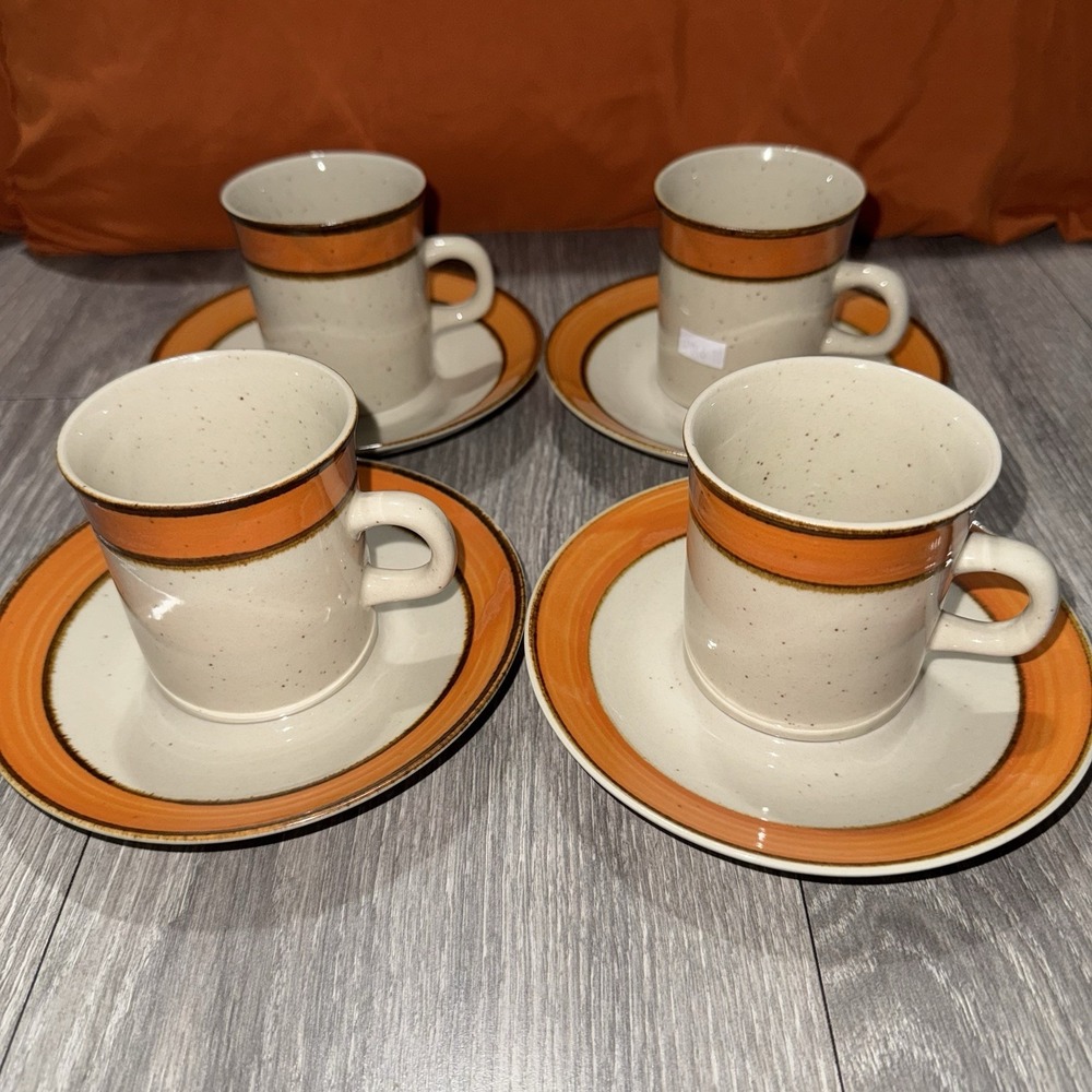 Vintage 70s Sango Rainbow Stoneware Coffee Mugs 653 Caroline Set 4 Made in Japan